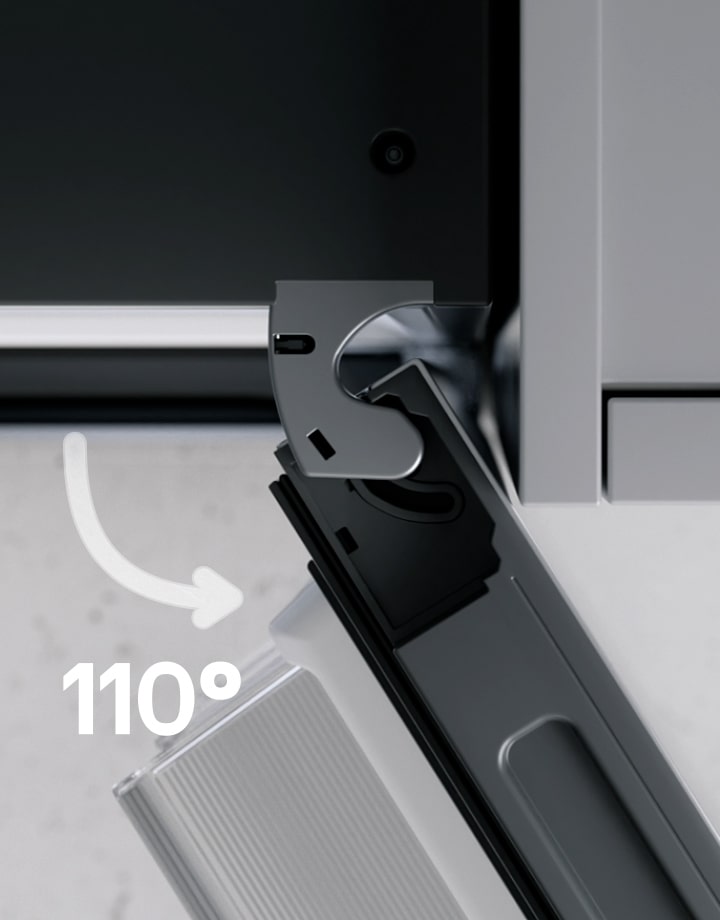 LG fridge freezer(GBBS726CEV) with its right door opened to 110 degrees, showing a curved hinge at the top closely aligned with an adjacent grey cabinet wall.