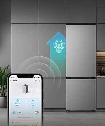 LG bottom freezer (GBBSJ10DCPY) with smartphone showing ThinQ app in front and glowing light blue AI icon beside fridge