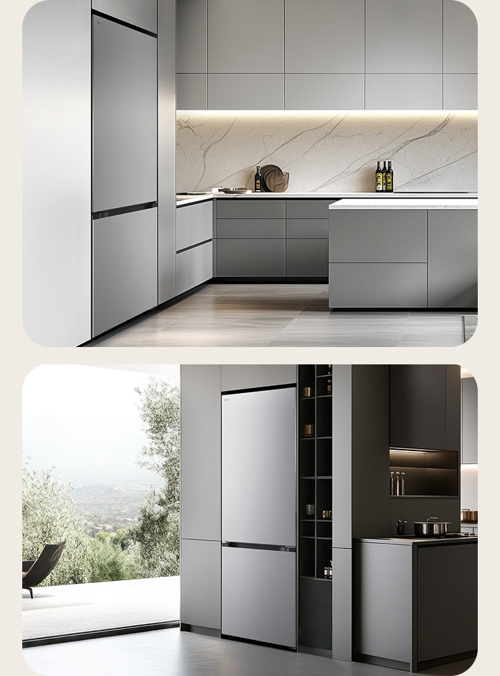 LG bottom freezer (GBBSJ10DPY) left in light grey cabinets with marble backsplash right in dark cabinetry beside shelves and cookware