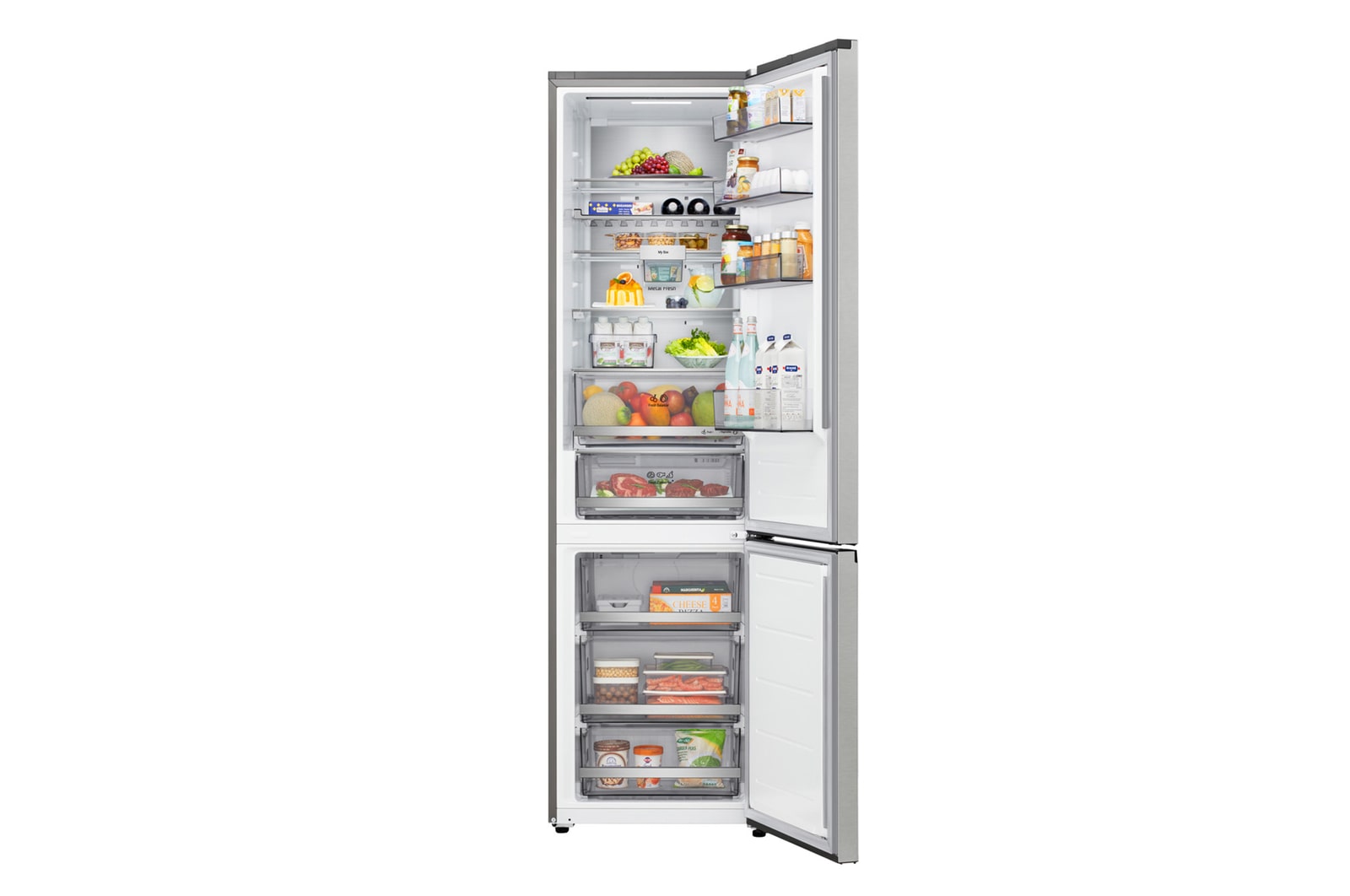 LG bottom freezer (GBBS726CPY) full door open view showing fridge and freezer compartments