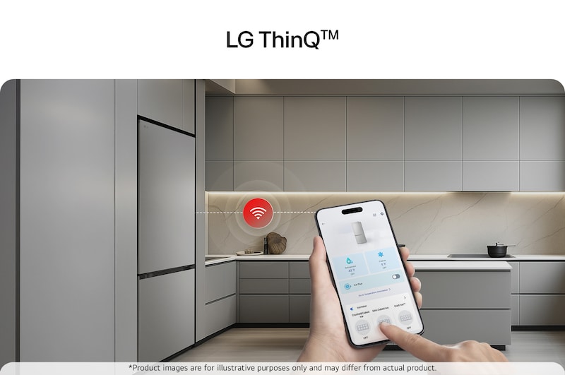 LG fridge freezer (GBBS726CPY) close up of wine rack holding four bottles and box of macarons with rack design magnified in circular image