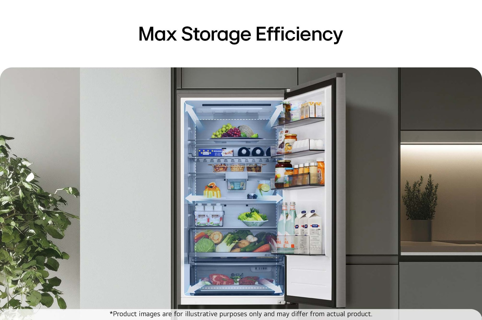 LG fridge freezer (GBBS726CPY) shelf highlighted in blue with arrows up and down right image shows folded shelf holding two water bottles