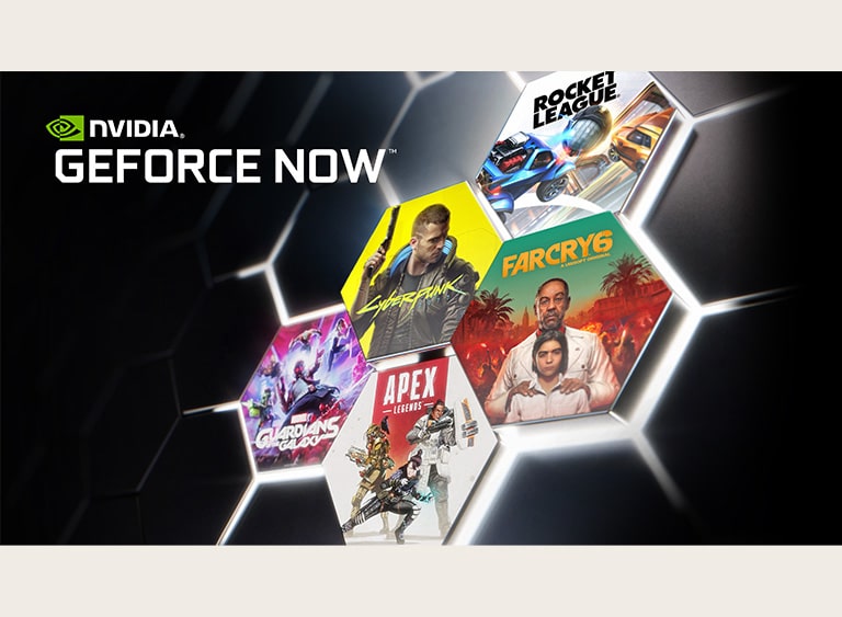 Une image comportant le logo GEFORCE Now sur un fond sombre.  Les pochettes et les titres de plusieurs jeux populaires sont présentés.