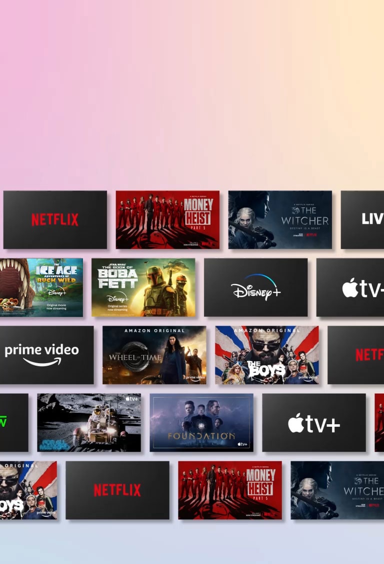 Rows of OTT content side-scrolls while displaying the OTT provider logo and the thumbnails of content offered.