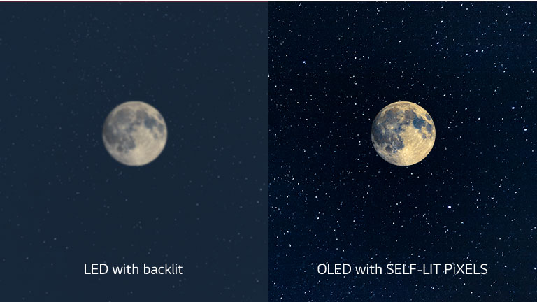 A scene of the moon, LED on the left side with unclear black and OLED on the right with perfect black(play the video)