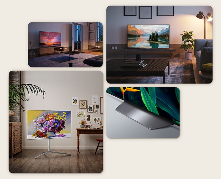 An LG OLED B2 is hung on the wall in a living room with plants, a pile of books, and a vintage-style cabinet. An LG OLED B2 is hung on the wall in a minimalist-looking room beside a shelf with monochrome ornaments. A side view of LG OLED B2's base. An LG OLED B2 sits on a TV stand in a colourful living room beside a pile of books. An LG OLED B2 sits on a TV stand in a terracotta-toned room beside two leather dining chairs with a matching footstool and woven rug.