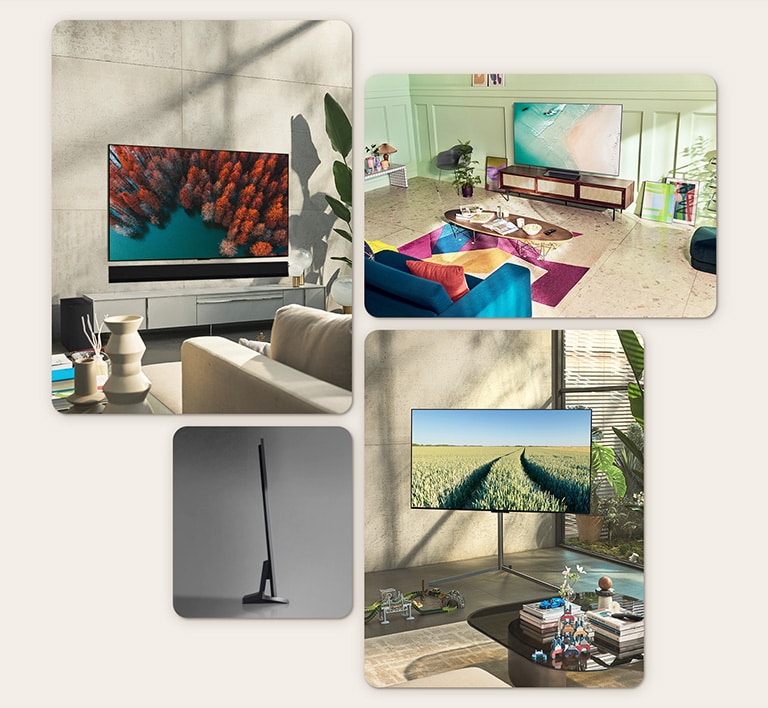 An LG OLED G2 is hung on the wall in a living room with plants, a pile of books, and a vintage-style cabinet. An LG OLED G2 is hung on the wall in a minimalist-looking room beside a shelf with monochrome ornaments. A side view of the ultra-slim edge of LG OLED G2. An LG OLED G2 is hung on a colorful living room wall with a dried planet, diffuser, and vases. A close-up of an edge on the ultra-slim LG OLED G2.