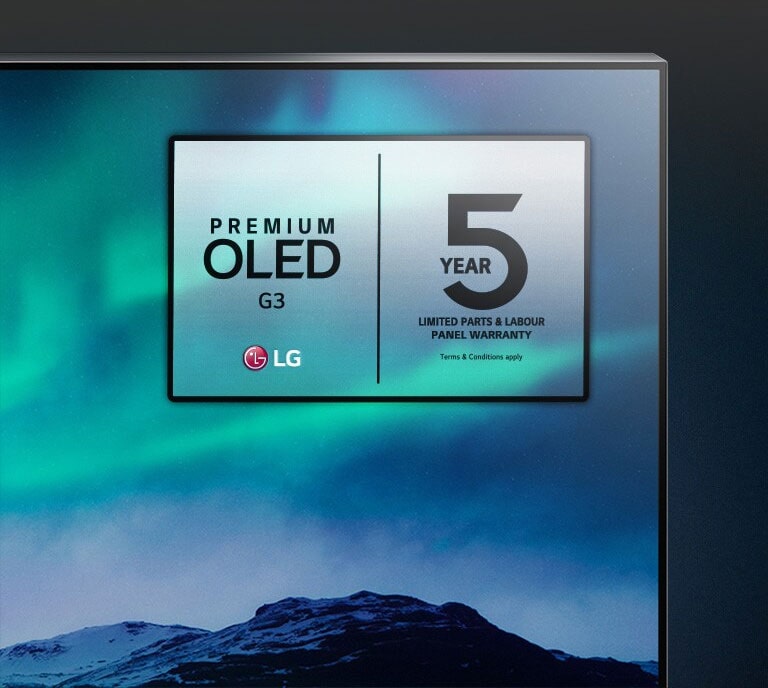 An image of the Northern Lights is displayed on an LG OLED TV. The top corner of the TV is shown against a black background, where a sky-like gradiation continues. The 5-year panel warranty logo is also displayed on the TV screen.