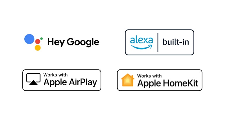 There are four logos displaced in order – Hey Google, alexa built-in, Works with Apple AirPlay, Works with Apple HomeKit. 