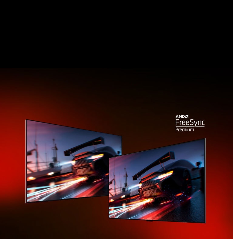 There are two TVs – on the left shows a car racing game scene with a racing car. On the right also shows the same game scene but in a brighter and clearer picture display. On right top corner shows AMD FreeSync premium logo.