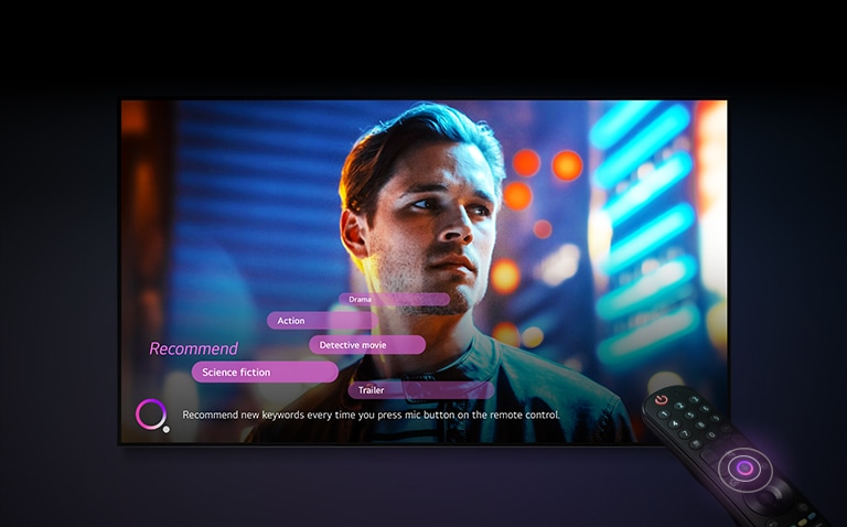 A man's face is displayed on the TV screen, and recommended keywords are displayed nearby.
