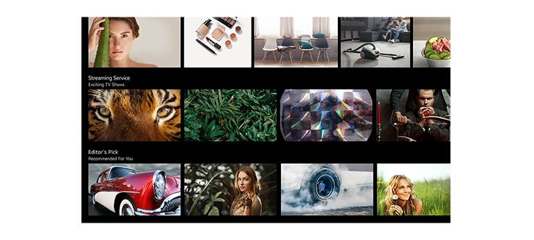 A TV screen showing various contents listed and recommended by LG ThinQ AI. (play the video)
