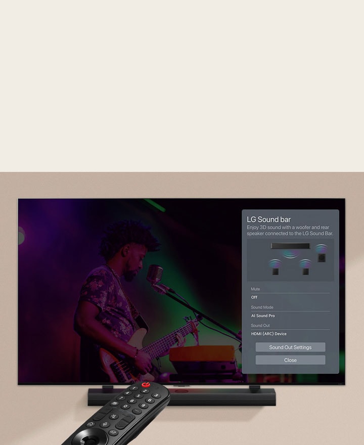 A remote control pointed at an LG TV showing settings on the right side of the screen.