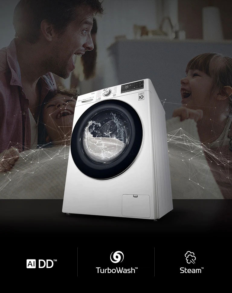 The washing machine is working against the background of the father and daughter laughing.