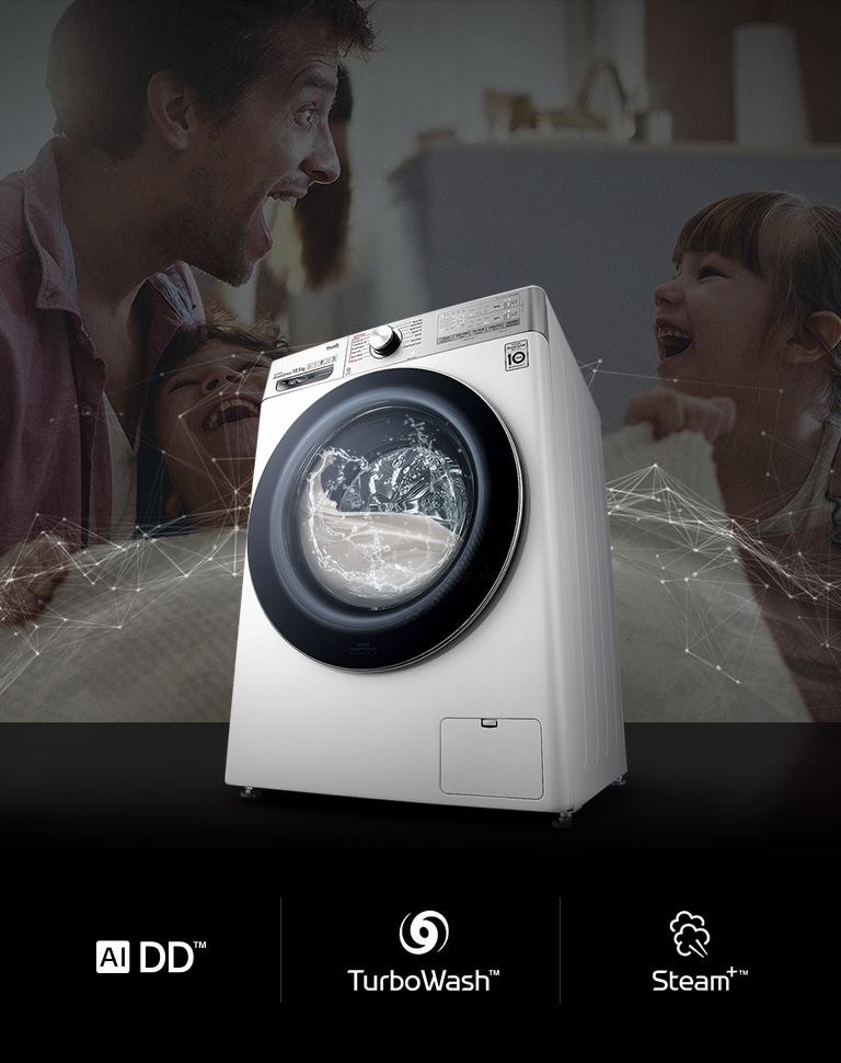 The washing machine is working against the background of the father and daughter laughing.