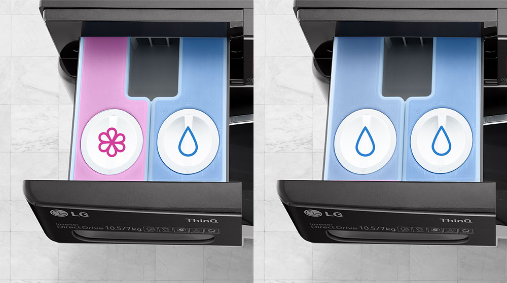 There are two top images of the washing machine's detergent container. One image shows that contains detergent and softener respectively, and the other image shows that both places are filled with detergent.