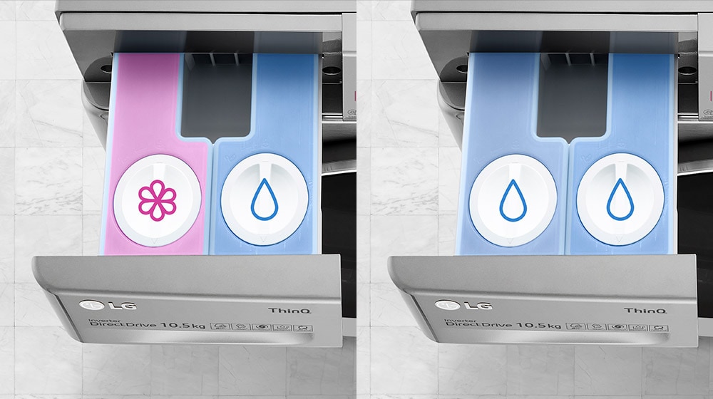 LG washing machine detergent drawer with pink softener and blue detergent compartments, featuring clear icons.