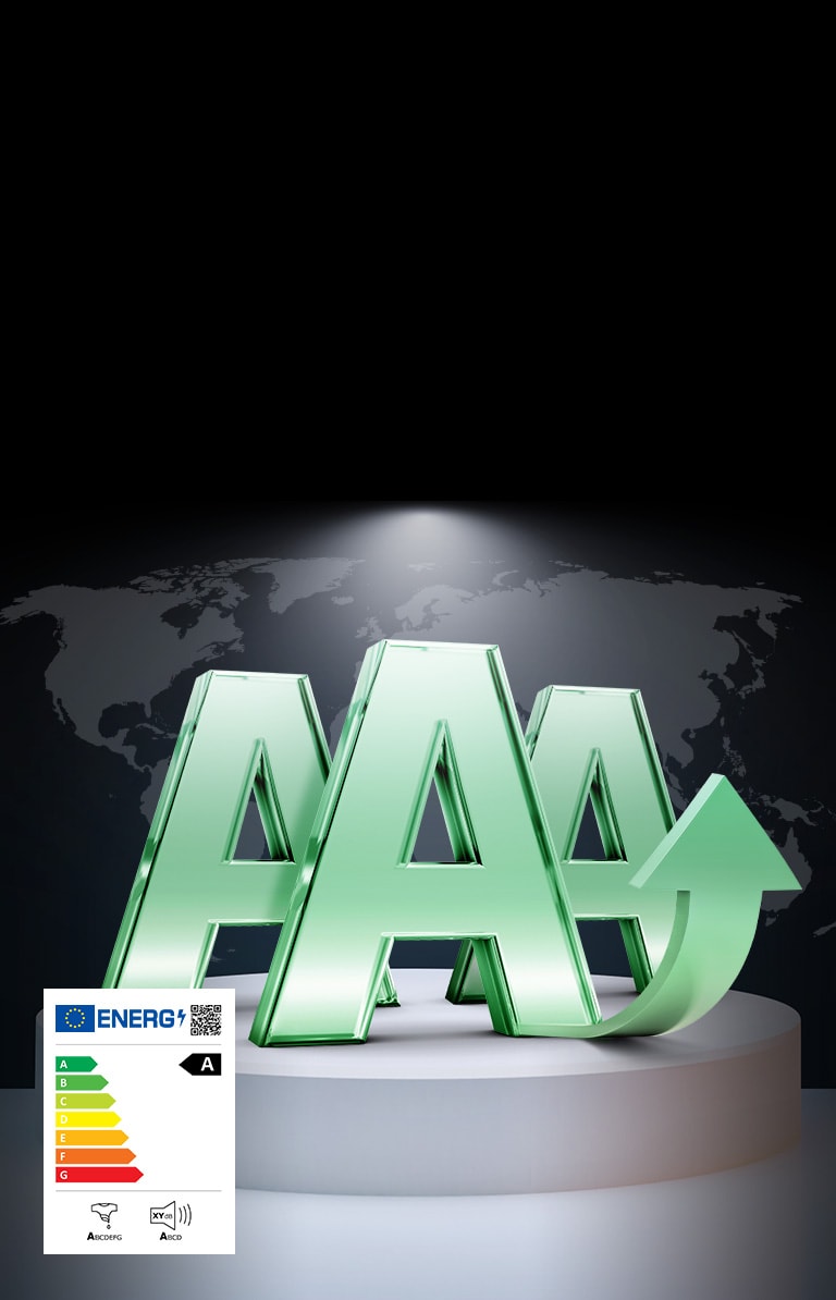 Large green AAA letters with an upward arrow on a podium with  energy efficiency rating chart in front and world map backdrop.