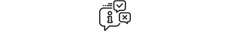 Three word bubbles of distinct sizes, each outlined in black, contain different marks, an exclamation, a question, and a check, respectively.