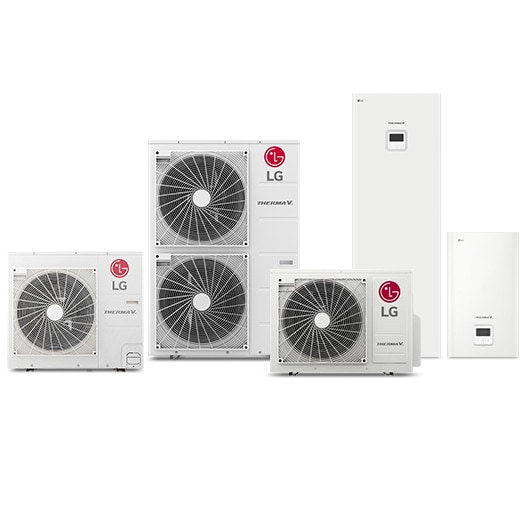 2 indoor units and 3 outdoor units of LG Therma V Split are displayed.
