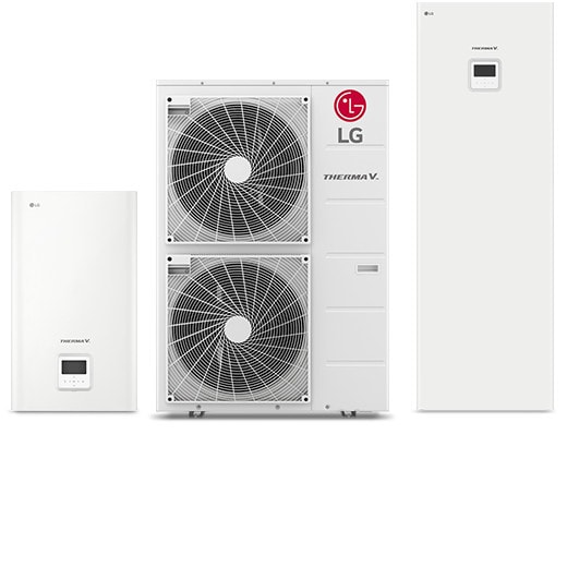 2 indoor units and 1 outdoor unit of LG Therma V Hydrosplit are displayed.