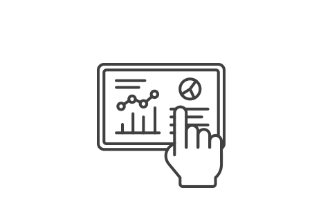 A tablet icon that shows various graphs and texts, and hands that touch it.