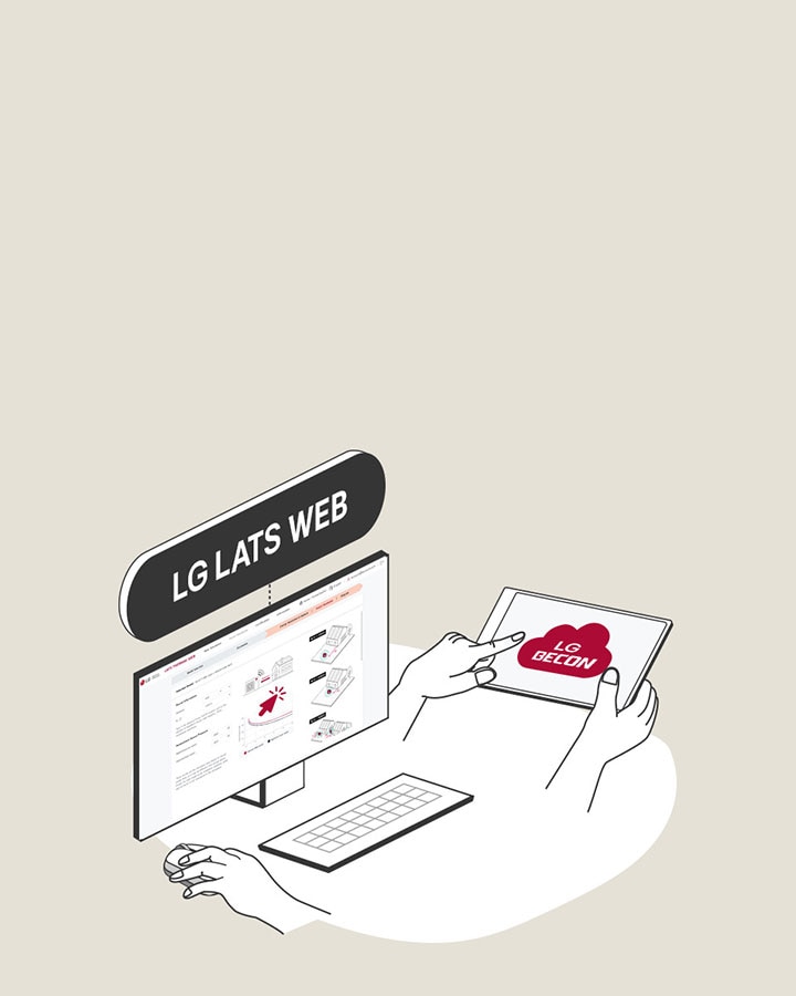 Monitor screens displaying LG BECON and LG LATS WEB and hand gestures operating them.