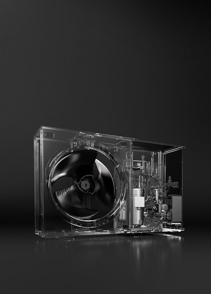 The internal structure of LG Therma V with a fan on the right and compressor on the left is displayed in black and white.