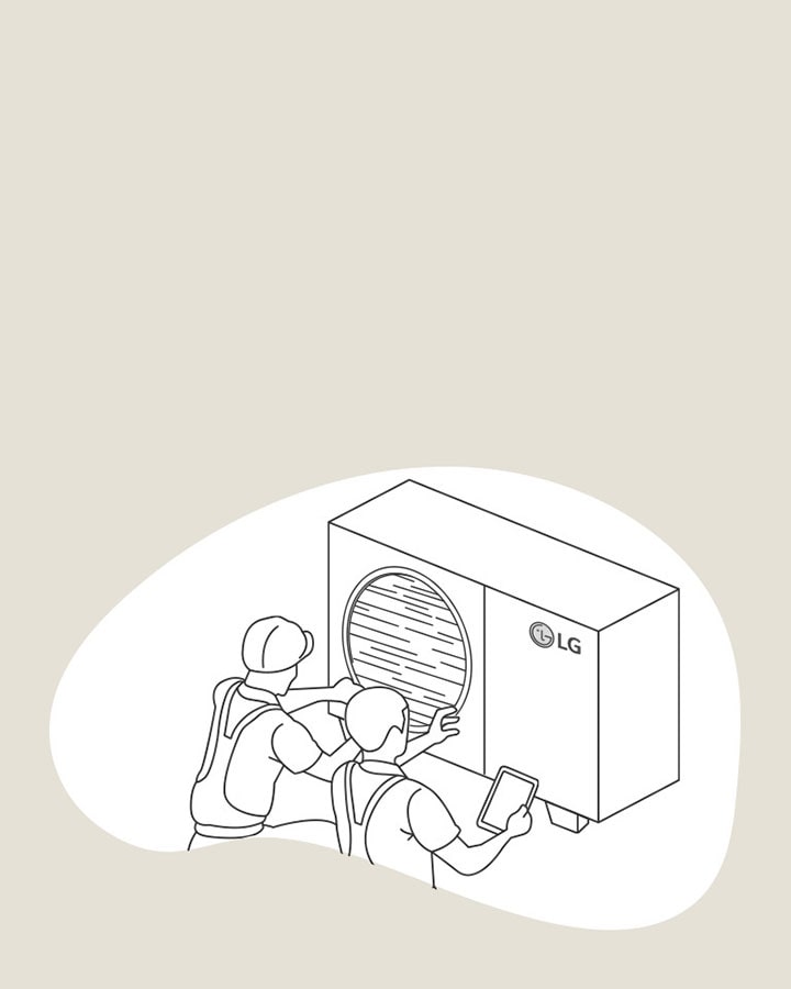 A sketch depicts two experts inspecting an LG heat pump.