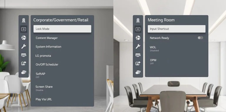 Most frequently used menus are categorized per industry in display menu. The left shows menus for "Corporate / Government / Retail" and the right menus is for "Meeting Room" 