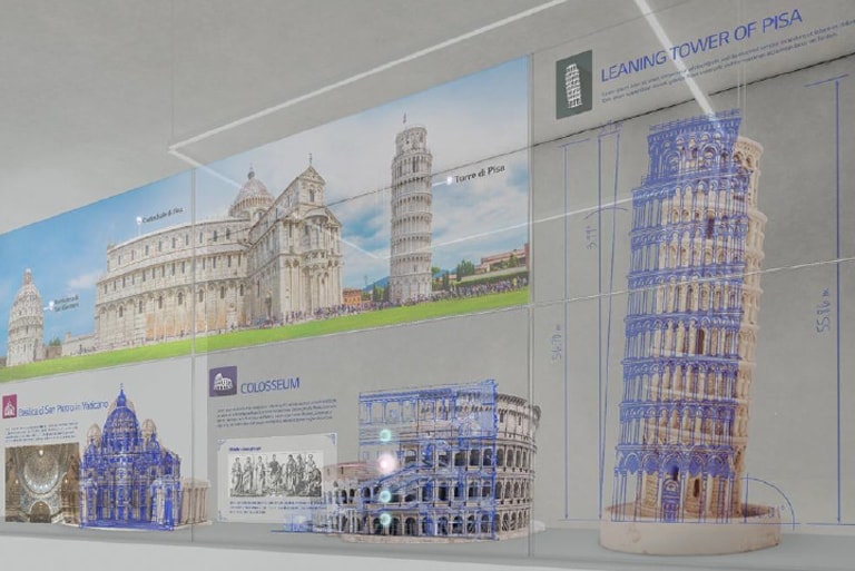 Information about structures is displayed on the transparent OLED screens which are set up in front of the miniature structures.