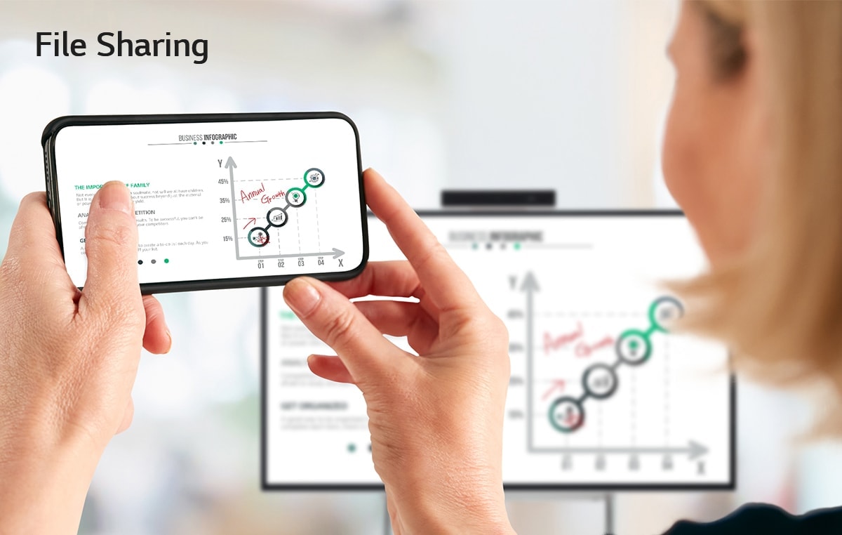 Several people are discussing and sharing their ideas using the LG One:Quick Flex. A person is taking notes on the data displayed on the One:Quick Flex screen with a dedicated touch pen. The image sent from the LG One:Quick Flex is shown on a woman's cell phone.