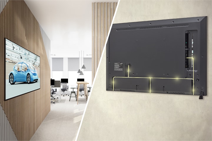 The 65US5P-E with slim bezels is mounted close to the wall, showcasing a rear design that is optimized for space-saving with a simple cable management system.	