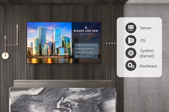 Securely operated through LG Shield's defense system, the 65US5P-E on the company lobby wall provides reliable service.	
