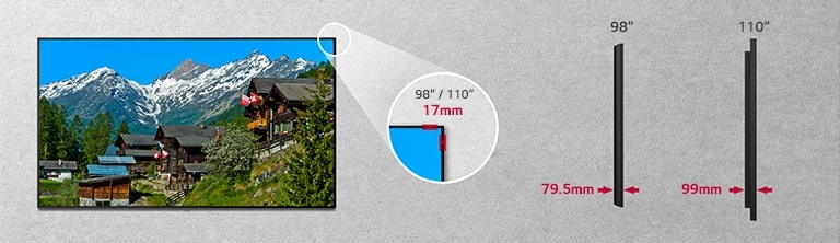 The bezel size of UM5J is 17mm. And the depth of the UM5J 98" is 79.5mm, and 110" is 99mm.