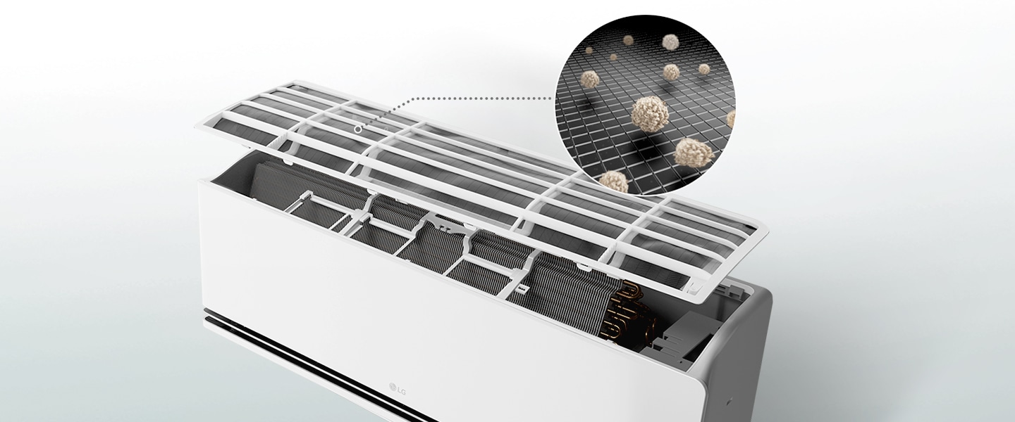 An air conditioner with an open filter, and a detail cut that dust being filtered