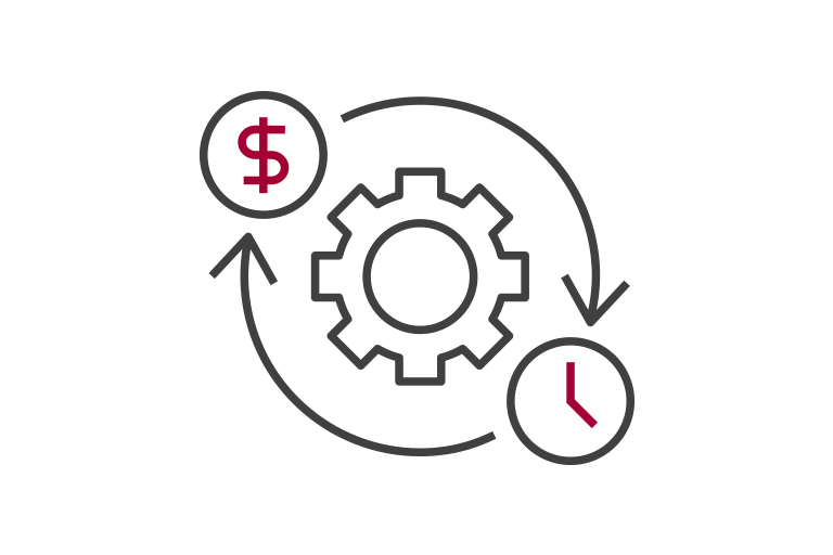 Two small icons, each featuring a dollar and a clock, circle the gear icon in the center.	