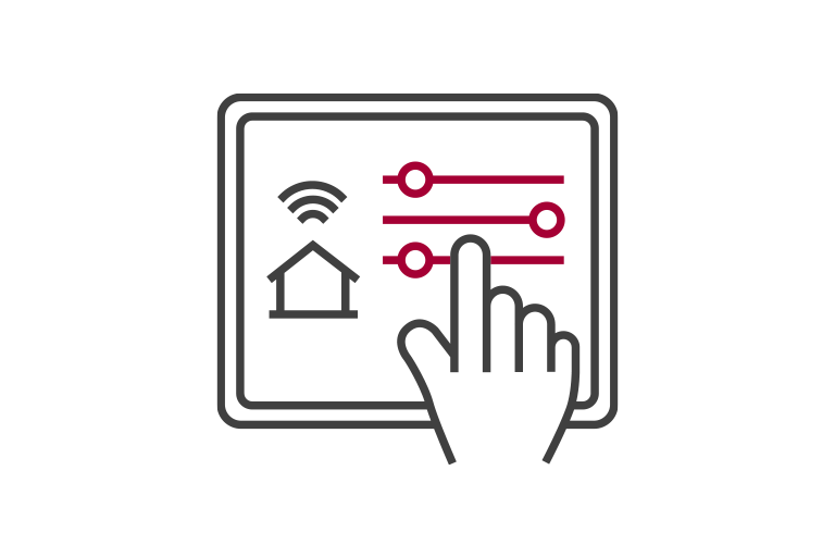 A right index finger points at the LG BECON cloud interface outlined with two rows of rectangles with rounded corners. 	