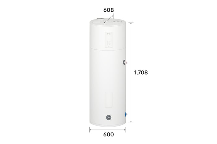 The exterior of the LG Heat Pump Water Heater (WH20ESF0.CA) with dimensions labeled. It measures 600mm × 1,708mm × 608mm.