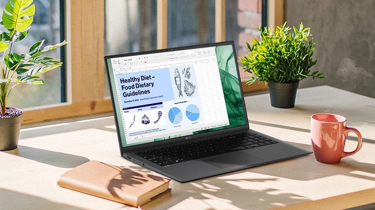 It shows that the LG Gram is placed on a desk surrounded by glass windows, but there is no light reflection on the display.
