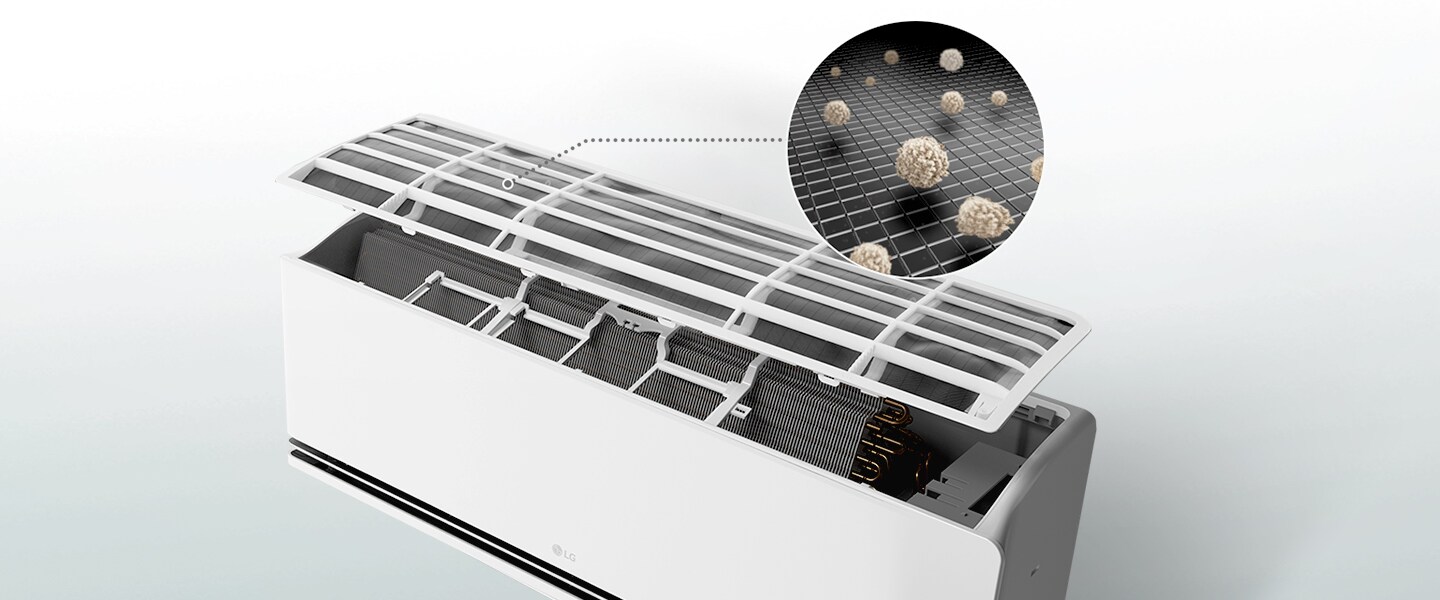 An air conditioner with an open filter, and a detail cut that dust being filtered