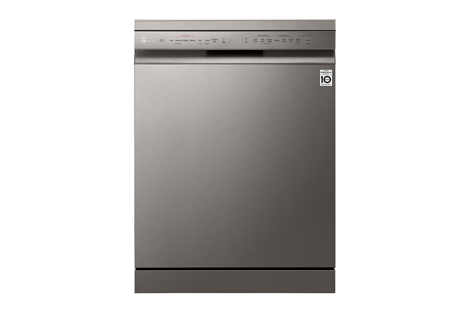 Front view of 60cm QuadWash™ Freestanding Dishwasher Shiny Steel TrueSteam™(DF325FPS)