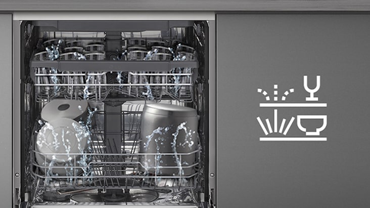 Interior of LG built-in dishwasher with upper rack washing gently and lower rack washing powerfully.	