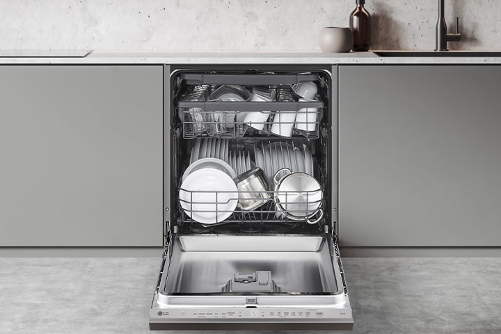 Showcasing how to adjust lg built-in dishwasher racks to fit various types of dishes.