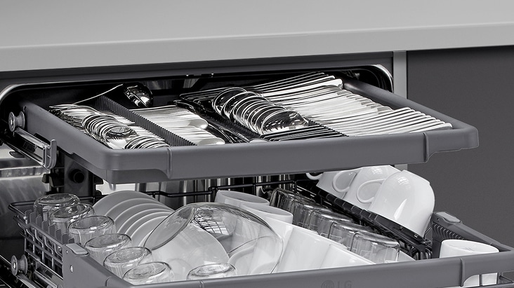 Spatulas, spoons, forks, and knives on the 3rd rack of an LG built-in dishwasher for organized and efficient cleaning.