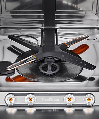 Kitchen interior with partially opened dishwasher and illustration of how the sliding & fixed door operates.	