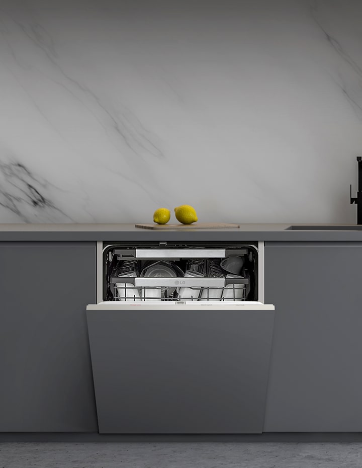 Footage of the LG Built-in dishwashers installed in various kitchen interiors with matching door panels. 	