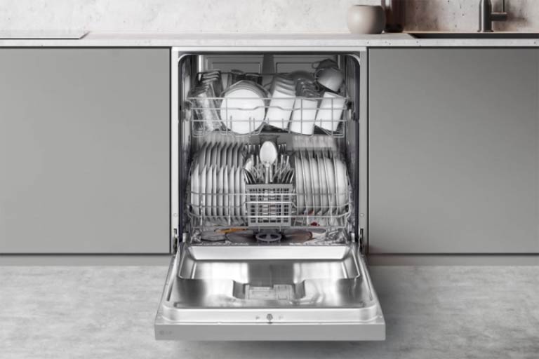Footage of how to adjust dishwasher racks to fit various types of dishes.