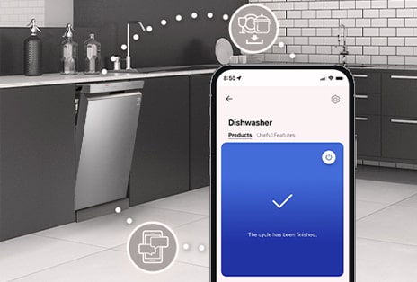 Modern kitchen with an integrated dishwasher, smartphone displays app confirming the wash cycle is complete.