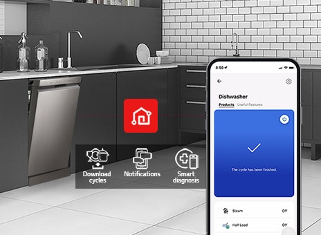 Modern kitchen with a built-in LG dishwasher connected to a smartphone app displaying cycle status and smart features.